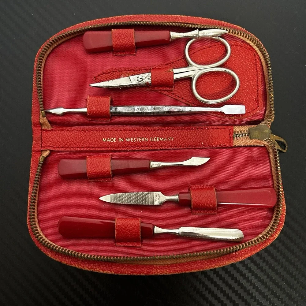 Vintage‎ Germany 6 Piece Manicure Set With Red Leather Case